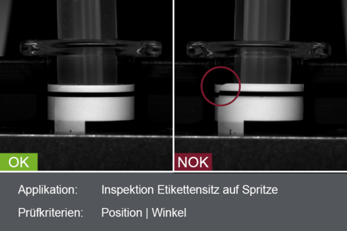 Industrial camera image of the inspection of the label seat on a syringe during assembly with good and bad image