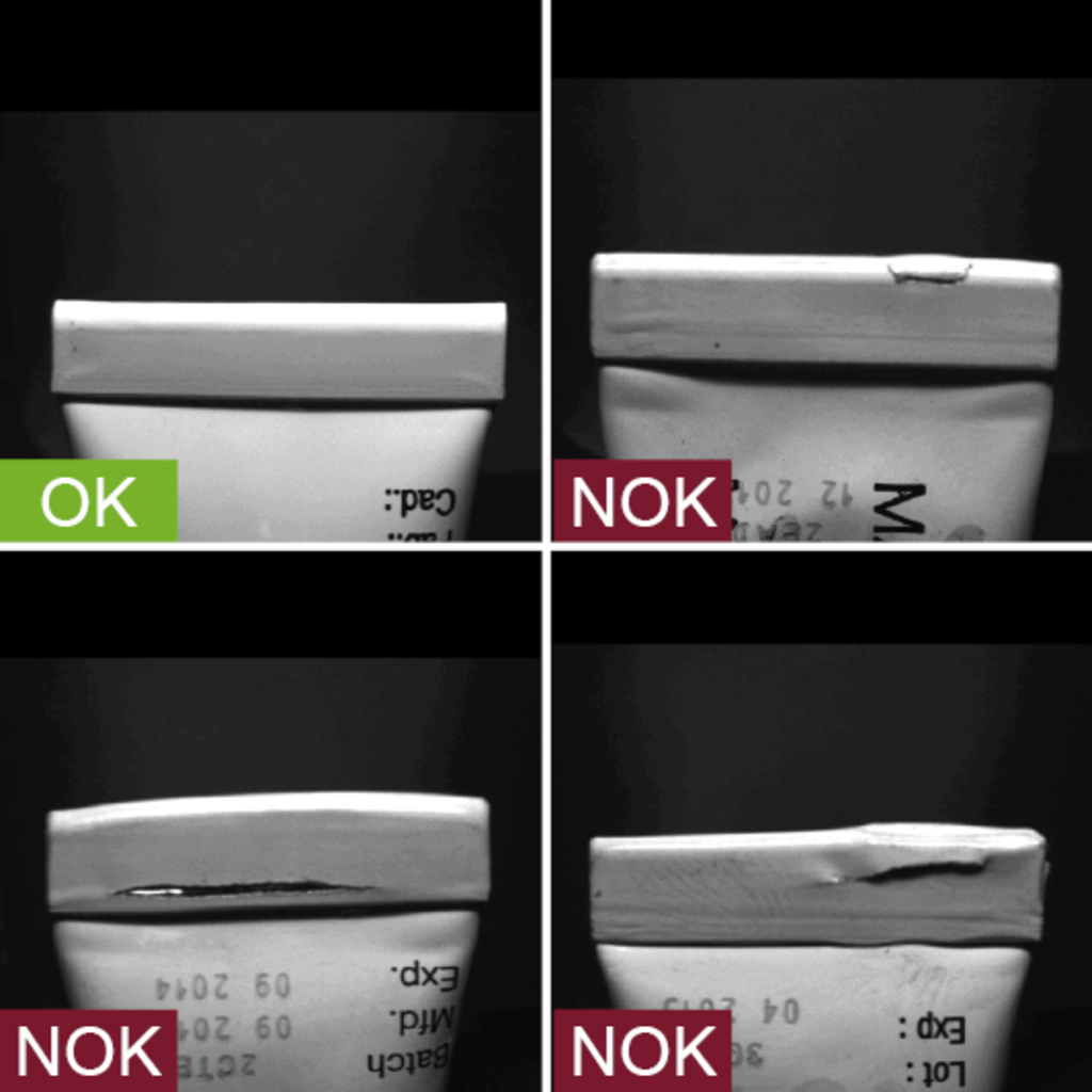 Industrial camera image of the inspection of the closure (sealing/trimming) of metal tubes in the production process - with good and bad images