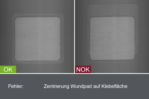 Industrielles Kamerabild von der Inspektion von Pflastern im Produktionsprozess - Zentrierung Wundpad auf Klebefläche - mit Gut- und Schlechtbild