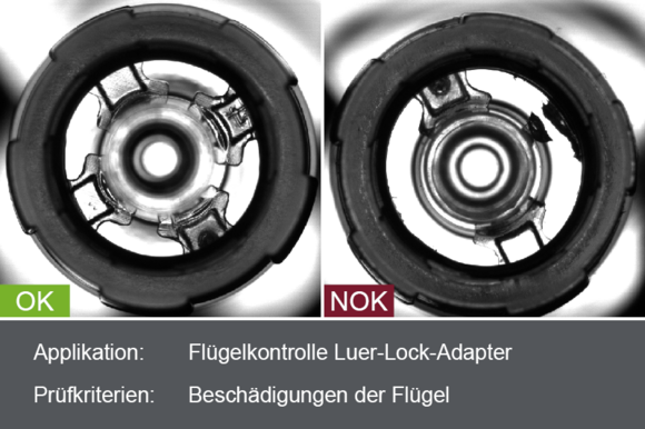 Industrielles Kamerabild von der Inspektion der Flügel des Luer-Lock-Adapters einer Spritze während der Montage mit Gut- und Schlechtbild