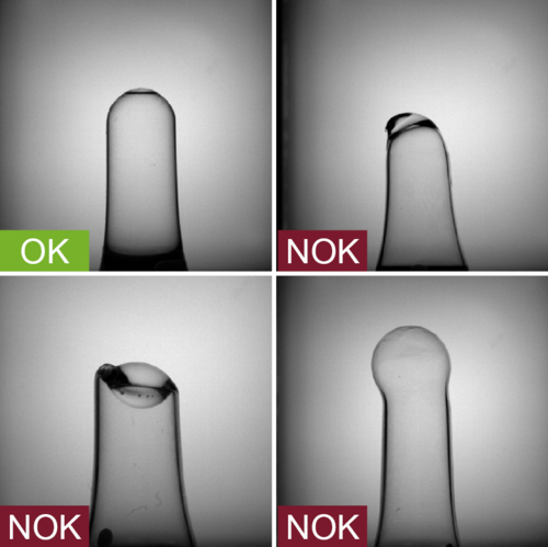 Industrial camera image of the inspection of ampoules in the production process - with good and bad images - defects: inflated, pointed, collapsed