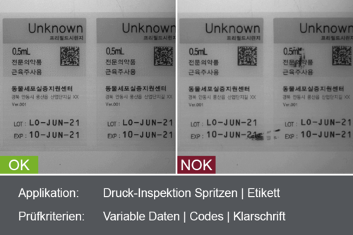 Industrial camera image of the inspection of printed labels with good and bad image