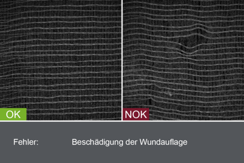 Industrielles Kamerabild von der Inspektion von Pflastern im Produktionsprozess - Beschädigung der Wundauflage - mit Gut- und Schlechtbild