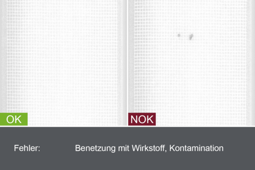 Industrielles Kamerabild von der Inspektion von Pflastern im Produktionsprozess - Benetzung mit Wirkstoff und Kontamination - mit Gut- und Schlechtbild