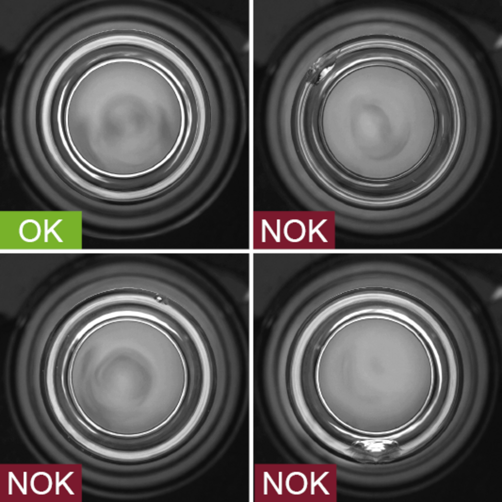 Industrial camera image of the inspection of the bottle neck of vials in the production process - checking for damage and chipping - with good and bad image