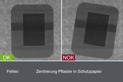 Industrielles Kamerabild von der Inspektion von Pflastern im Produktionsprozess - Zentrierung des Pflasters im Schutzpapier - mit Gut- und Schlechtbild