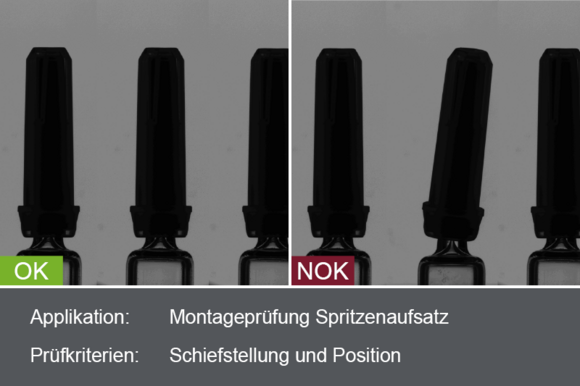 Industrielles Kamerabild von der Inspektion des Spritzenaufsatzes einer Glasspritze während der Montage mit Gut- und Schlechtbild