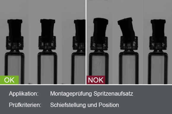 Industrielles Kamerabild von der Inspektion des Spritzenaufsatzes einer Glasspritze während der Montage mit Gut- und Schlechtbild