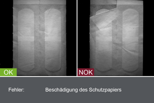 Industrielles Kamerabild von der Inspektion von Pflastern im Produktionsprozess - Beschädigung des Schutzpapiers - mit Gut- und Schlechtbild