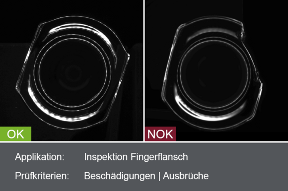 Industrielles Kamerabild von der Inspektion des Fingerflansches auf einer Glasspritze während der Montage mit Gut- und Schlechtbild