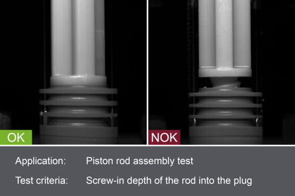 Industrial camera image of the inspection of the piston rod assembly of a syringe with good and bad image