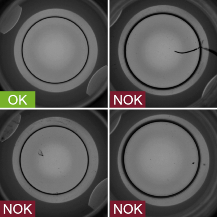 Industrial camera image of the inspection of the glass base of vials in the production process - inspection for damage and contamination - with good and bad image