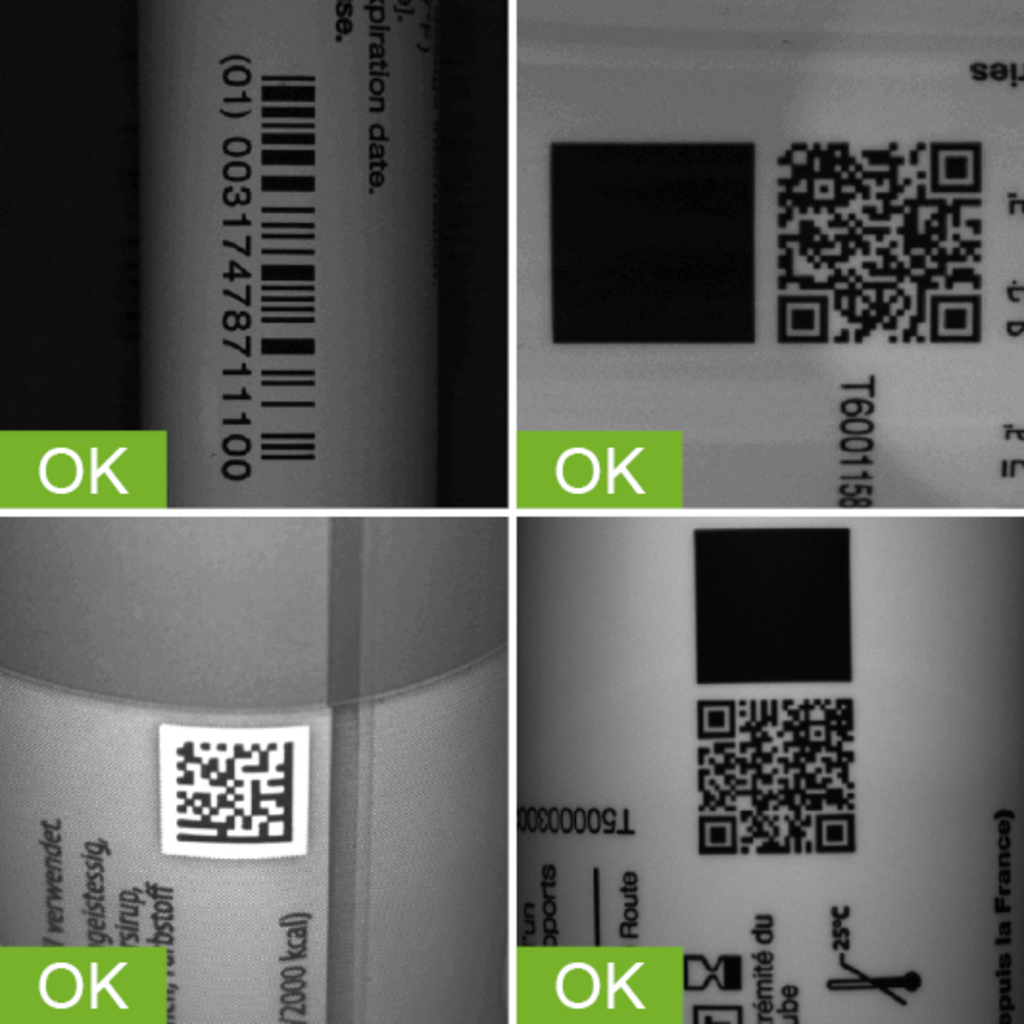 Industrial camera image of the inspection of codes and printing on tubes in the production process - with good and bad images