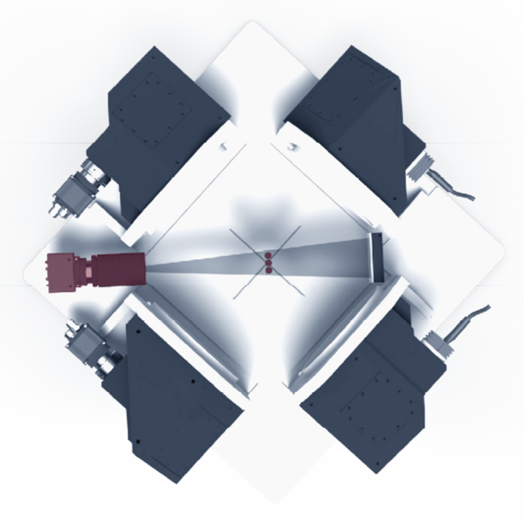 Konstruktionsbild von der Side-View-Inspektion von Pipettenspitzen im Produktionsprozess - Prüfung auf Randlauf, Grate und Durchmesser - Anordnung mit 2 Kameras