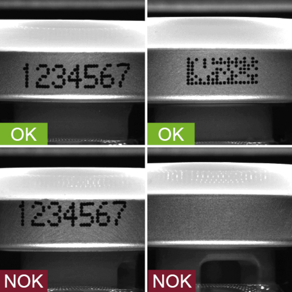 Industrial camera image of the inspection of variable print data on the crimp cap of vials in the production process - with good and bad image