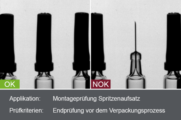 Industrielles Kamerabild von der Inspektion des Spritzenaufsatzes einer Glasspritze während der Montage mit Gut- und Schlechtbild - Aufsatz fehlt