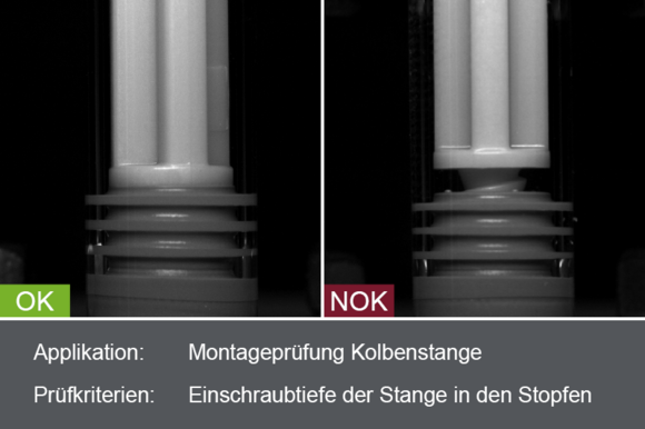 Industrielles Kamerabild von der Inspektion der Kolbenstangen-Montage einer Spritze mit Gut- und Schlechtbild