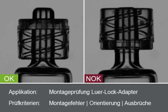 Industrielles Kamerabild von der Inspektion des Luer-Lock-Adapters einer Spritze während der Montage mit Gut- und Schlechtbild