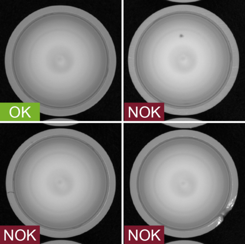 Industrial camera image of the inspection of individual wells in the production process - with good and bad images - defects: blackspots, breaks, complete ejection