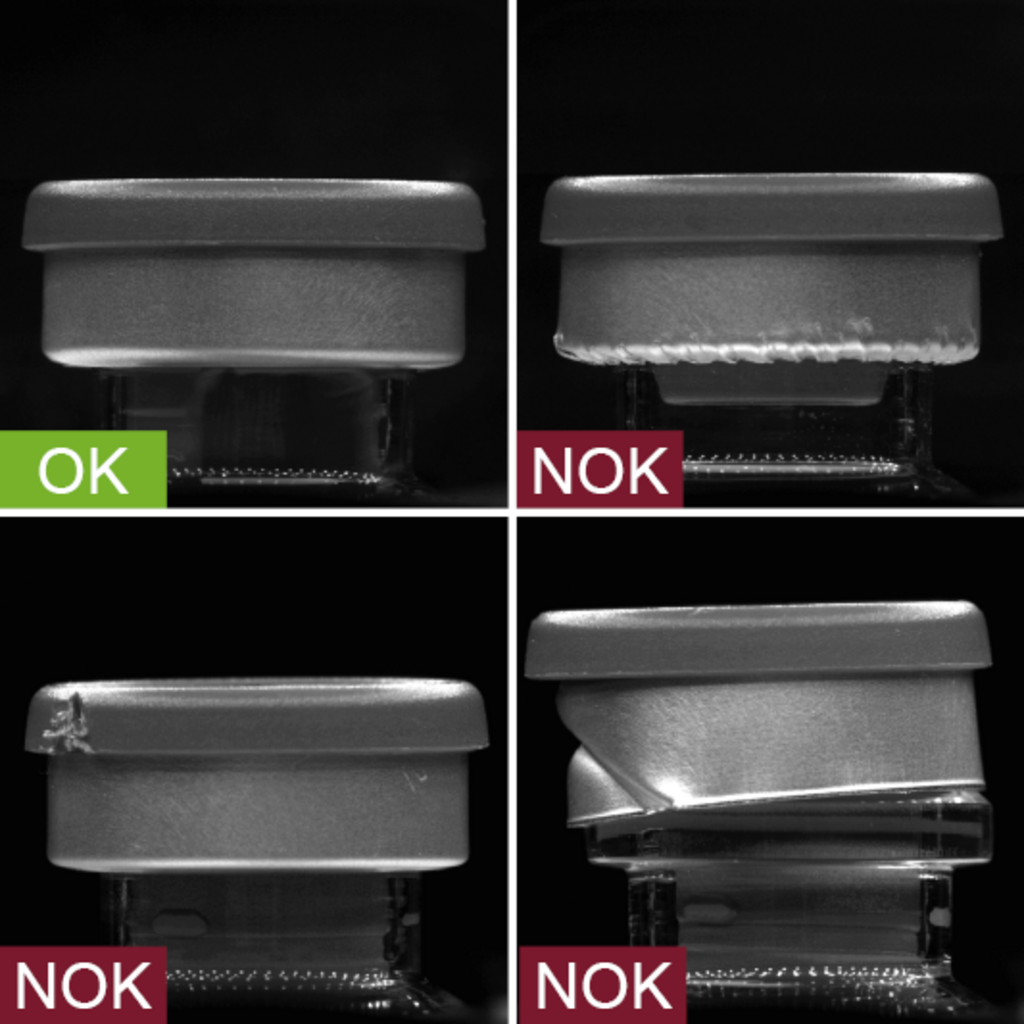 Industrial camera image of the inspection of injection vials (vials) in the production process - inspection of the collar or crimp cap for damage - with good and bad image