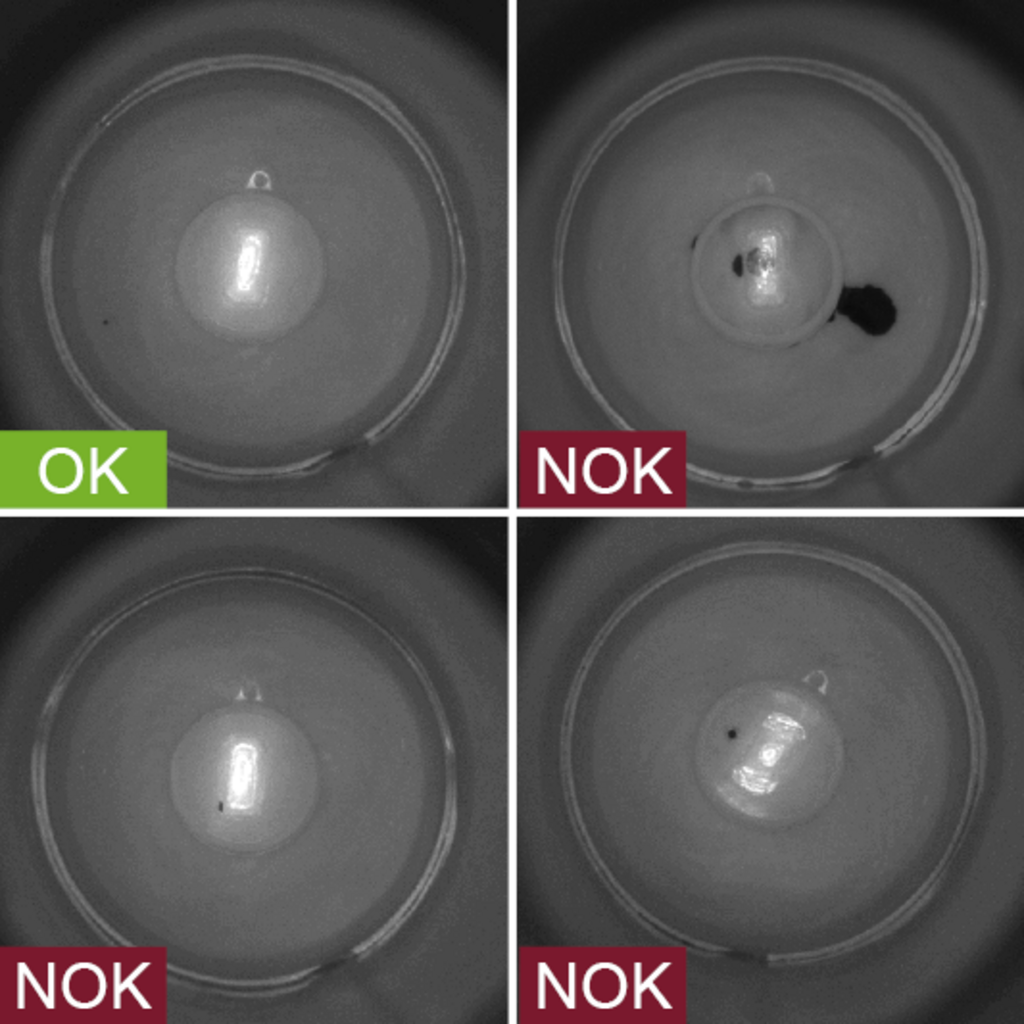 Industrielles Kamerabild von der Inspektion der offenen Tube (Cleaning) auf Partikel Tuben im Produktionsprozess - mit Gut- und Schlechtbildern