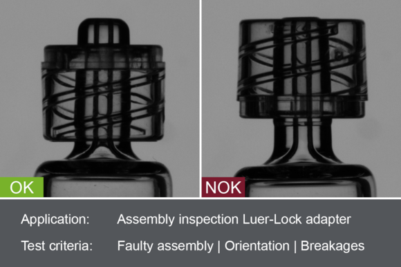 Industrial camera image of the inspection of the Luer lock adapter of a syringe during assembly with good and bad image