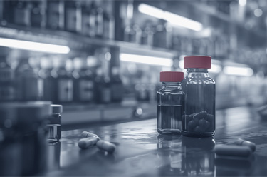 Two glass vials with red lids stand on a table in the pharmacy and are filled with tablets and liquid. In the background is a large shelf with lots of medicines