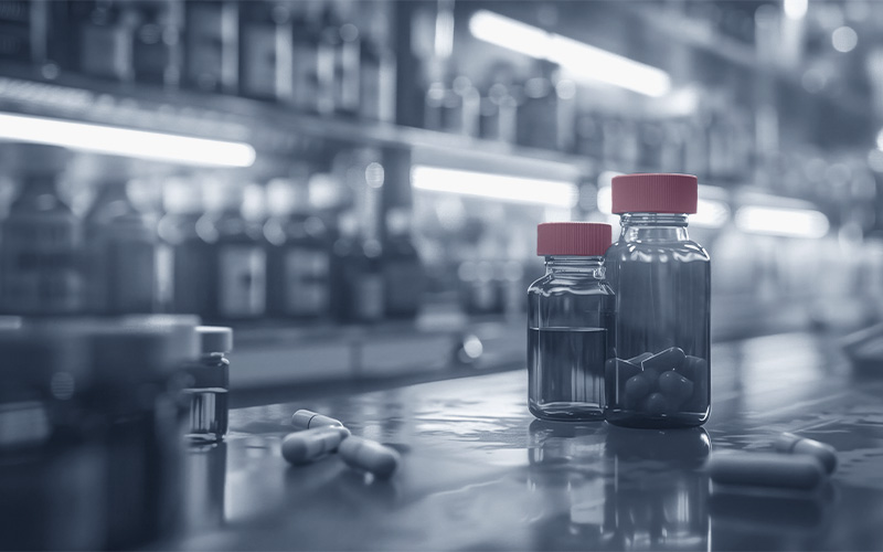 Two glass vials with red lids stand on a table in the pharmacy and are filled with tablets and liquid. In the background is a large shelf with lots of medicines