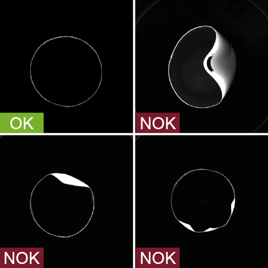 Industrial camera image of the inspection from the tube opening to the roundness check in the production process - with good and bad images