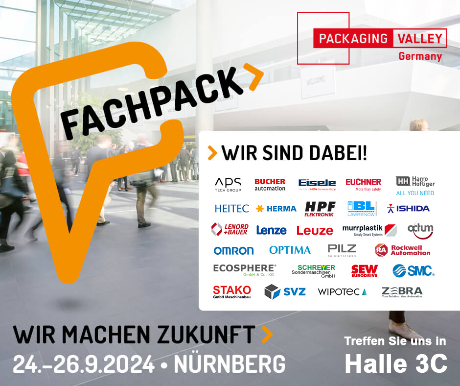 Banner für den Gemeinschaftsstand des Packaging Valley auf der Fachpack Messe 2024 in Nürnberg